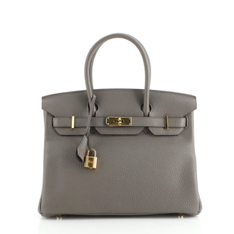 Hermes Birkin Handbag Grey Clemence with Gold Hardware 30