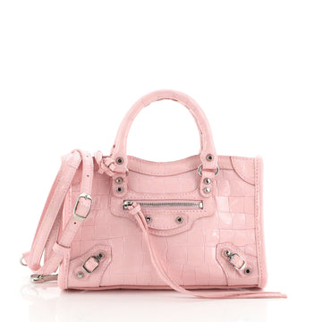 Balenciaga City Classic Studs Bag Crocodile Embossed Patent Nano