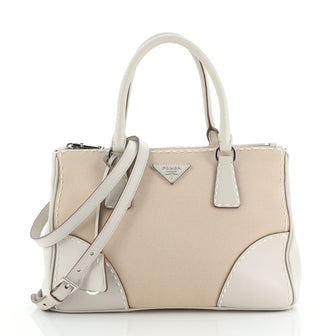 Prada Double Zip Convertible Tote Stitched City Calf and Canvas Small
