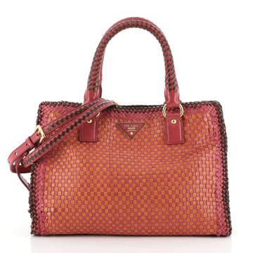 Prada Madras Convertible Open Tote Woven Leather Small