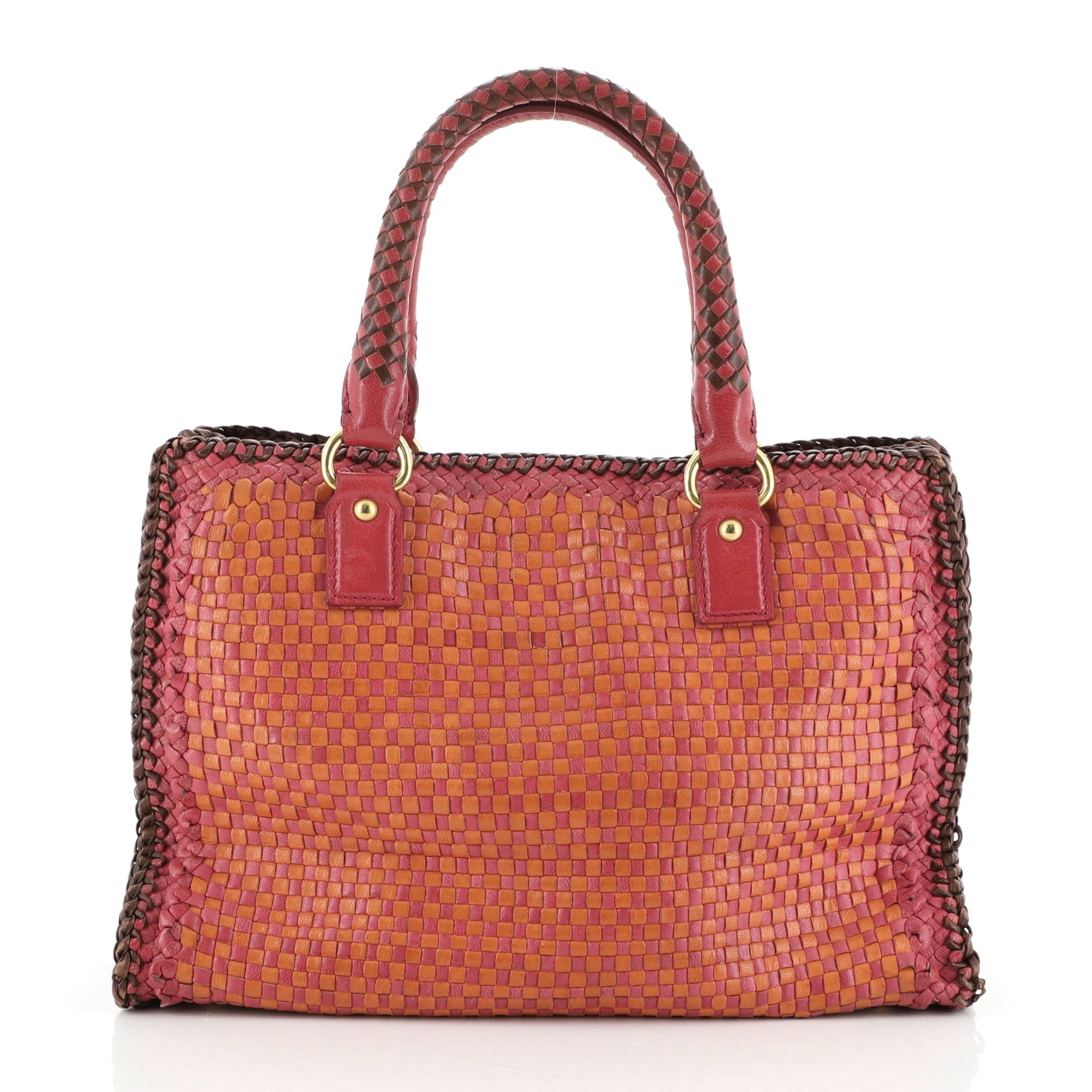 Prada Madras Convertible Open Tote Woven Leather Small Brown 571453