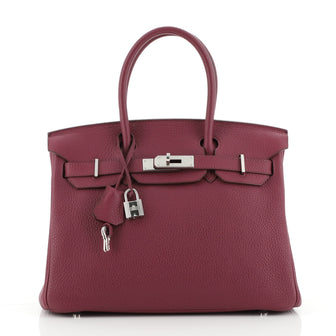 Hermes Birkin Handbag Red Clemence with Palladium Hardware 30