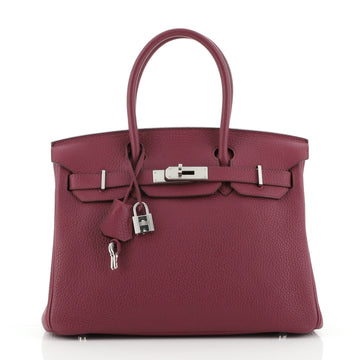 Hermes Birkin Handbag Red Clemence with Palladium Hardware 30