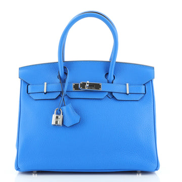 Hermes Birkin Handbag Blue Clemence with Palladium Hardware 30