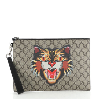 Gucci Zipped Pouch Angry Cat GG Coated Canvas Large