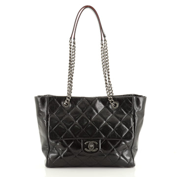 Chanel Duo Color Front Flap Shopping Tote Quilted Glazed Calfskin Small