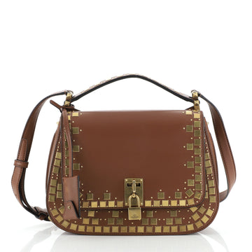 Valentino Joy Lock Saddle Bag Mosaic Studded Leather