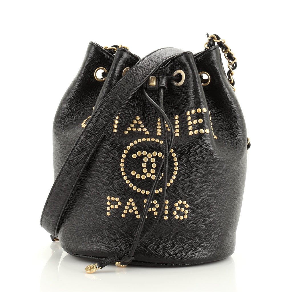 Chanel Deauville Drawstring Bucket Bag Studded Caviar Medium Black