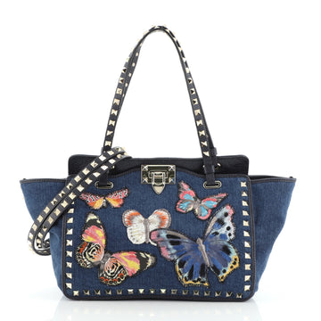 Valentino Rockstud Tote Denim with Butterfly Applique Small