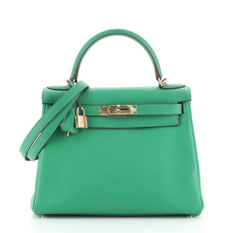 Hermes Kelly Handbag Green Clemence with Gold Hardware 28