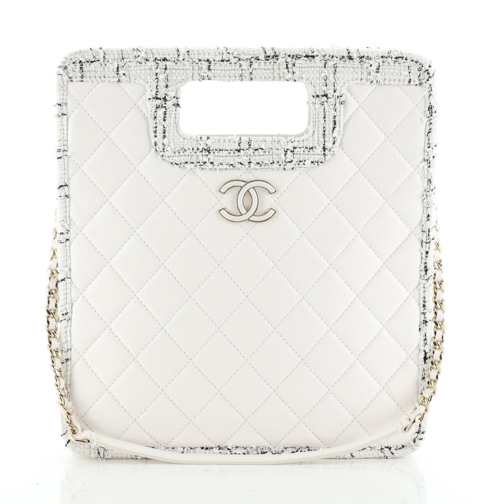 Chanel Cut Out Handle Shopping Tote Quilted Aged Calfskin with Tweed Small  White 582491