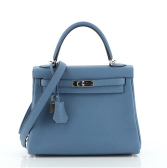 Hermes Kelly Handbag Blue Togo with Palladium Hardware 25