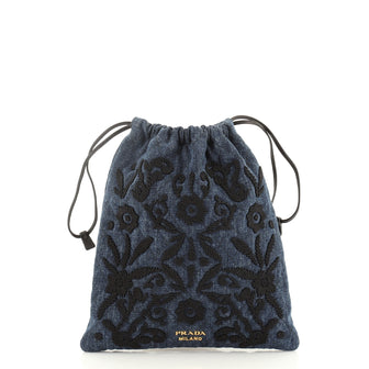 Prada Corsaire Drawstring Pouch Embroidered Quilted Denim Small
