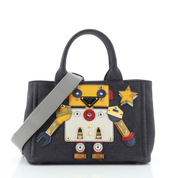 Prada Robot Convertible Tote Embellished Denim Mini Blue 58342147