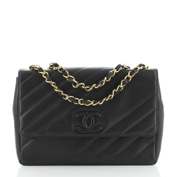 Chanel Vintage Covered CC Flap Bag Diagonal Quilted Caviar Jumbo