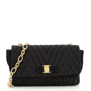 Salvatore Ferragamo Miss Vara Bow Chain Shoulder Bag Chevron Fabric Small