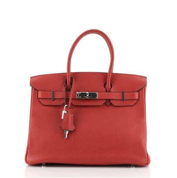 Hermes Birkin Handbag Red Clemence with Palladium Hardware 30
