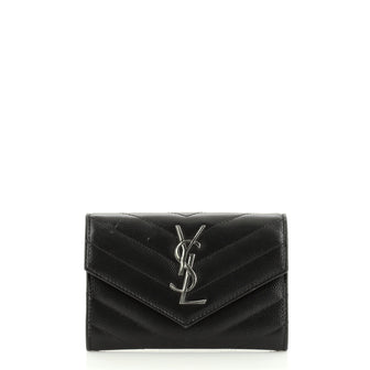 Saint Laurent Classic Monogram Flap Wallet Matelasse Chevron Leather Small