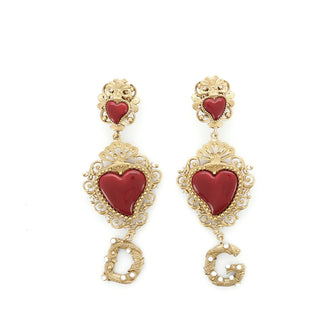 Dolce & Gabbana Double Heart Drop Earrings Brass with Enamel and Crystals