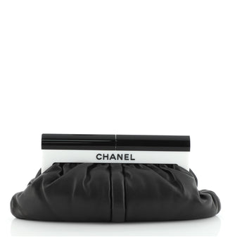 Chanel Resin Logo Frame Clutch Pleated Leather Small