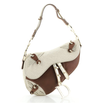 Christian Dior Vintage Saddle Shoulder Bag Embellished Jacquard and Leather Medium