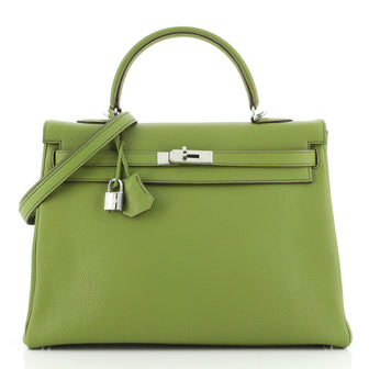 Hermes Kelly Handbag Green Togo with Palladium Hardware 35