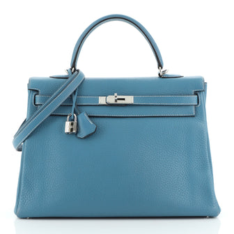 Hermes Kelly Handbag Blue Clemence with Palladium Hardware 35