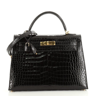 Hermes Kelly Handbag Black Shiny Porosus Crocodile with Gold Hardware 32