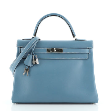 Hermes Kelly Handbag Blue Courchevel with Palladium Hardware 32