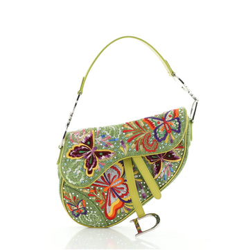 Christian Dior Vintage Saddle Shoulder Bag Embroidered Canvas Medium