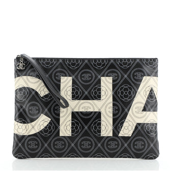 Chanel Camellia Logo Wristlet Clutch Printed Coated Canvas Large
