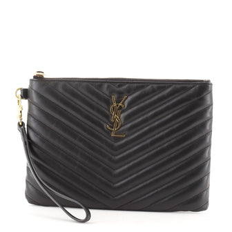 Saint Laurent Classic Monogram Wristlet Pouch Matelasse Chevron Leather Small
