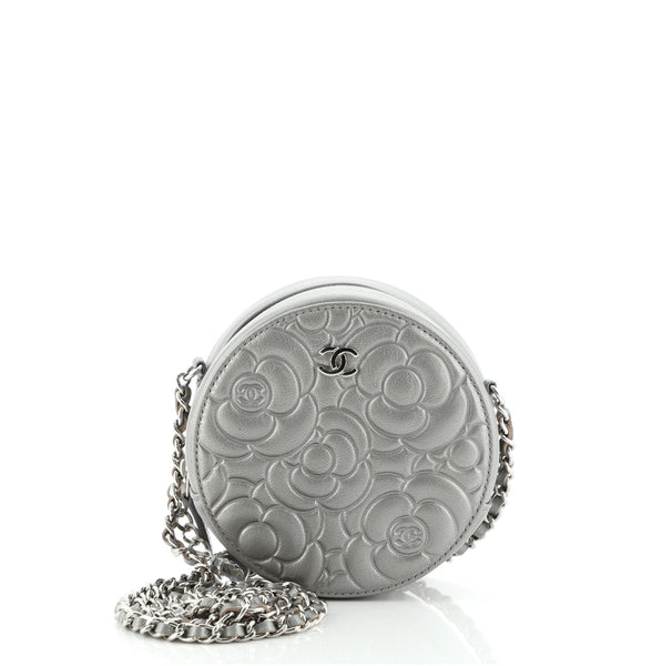Chanel Round Clutch with Chain Camellia Goatskin Mini Gray 59393314