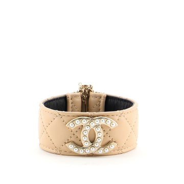 Chanel CC Cuff Bracelet Quilted Leather with Faux Pearls