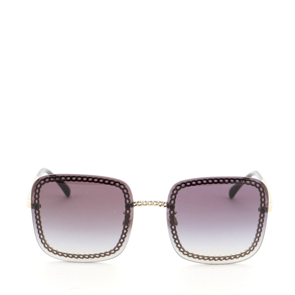 Chanel Chain Frame Square Sunglasses with Chain Metal Gray 595457