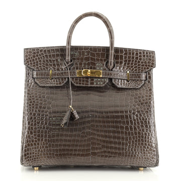 Hermes HAC Birkin Bag Grey Shiny Porosus Crocodile with Gold Hardware 32