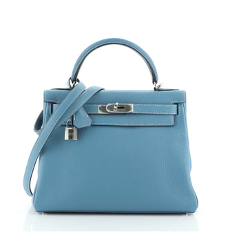Hermes Kelly Handbag Blue Clemence with Palladium Hardware 28