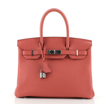 Hermes Birkin Handbag Red Clemence with Palladium Hardware 30