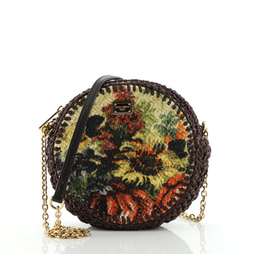Dolce & Gabbana Glam Round Crossbody Bag Printed Canvas and Woven Straw