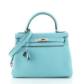 Hermes Kelly Handbag Blue Clemence with Palladium Hardware 28