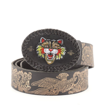 Gucci Angry Cat Buckle Belt Printed Leather Wide