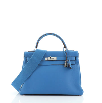 Hermes Kelly Amazone Handbag Blue Clemence with Palladium Hardware 32