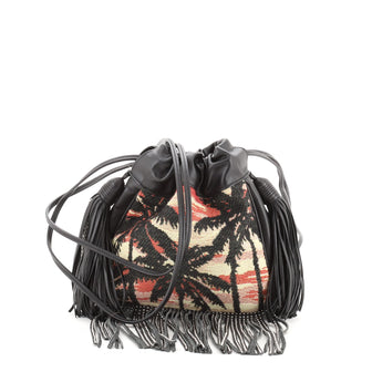 Saint Laurent Helena Bucket Bag Jacquard with Studded Fringed Leather Small