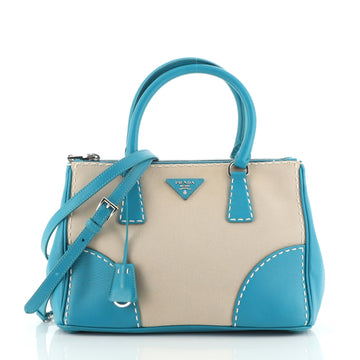 Prada Double Zip Convertible Tote Stitched City Calf and Canvas Small