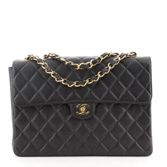 Chanel Vintage Square Classic Single Flap Bag Quilted Caviar Jumbo