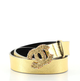 Chanel Paris-New York CC Belt Crystal Embellished Engraved Metal and Leather Thin