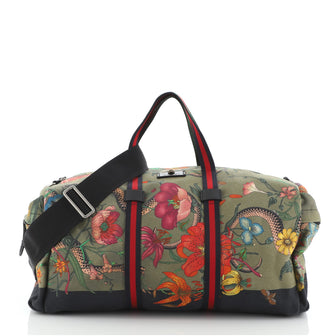 Gucci Animalier Web Duffle Bag Flora Snake Canvas Medium