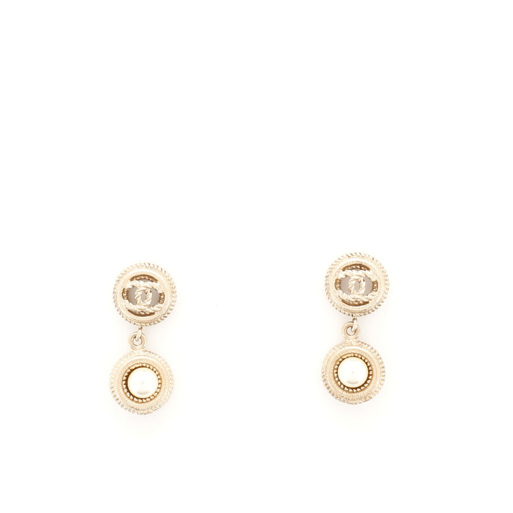 Chanel CC Dangle Earrings Metal with Faux Pearl Gold 606112