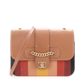 Chanel Front Chain Flap Bag Quilted Calfskin with Patchwork Python Medium