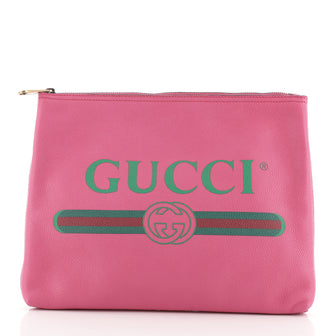 Gucci Logo Zip Pouch Printed Leather Medium